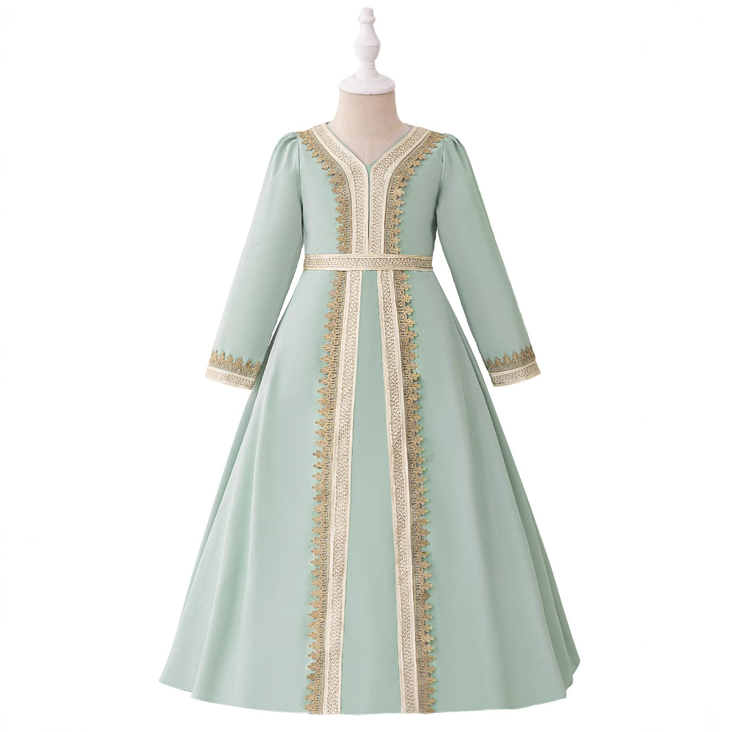 Girls Mint Green Long Sleeve Embroidered Dress