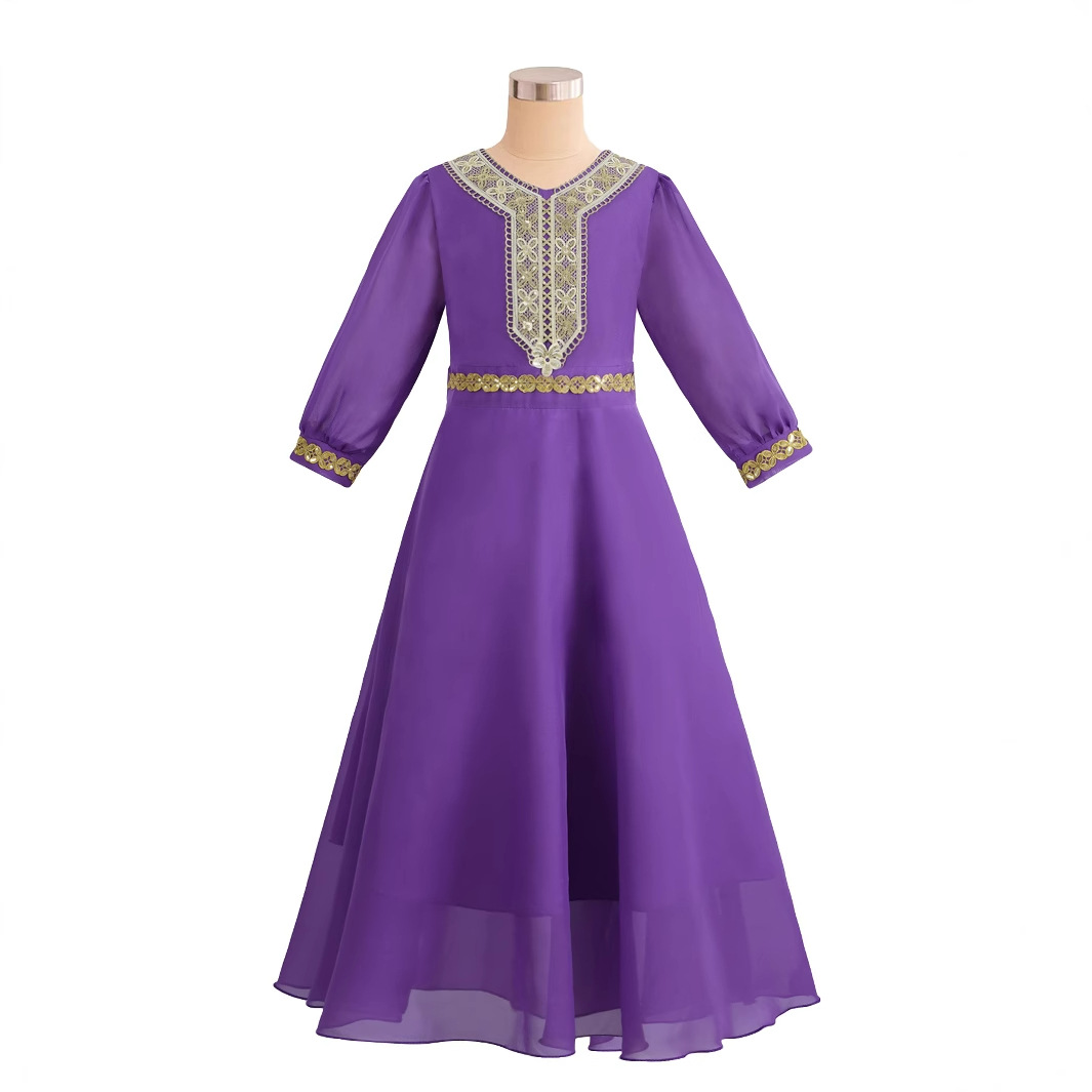 Girls Purple Long Sleeve Dress with Gold Sequin Trim