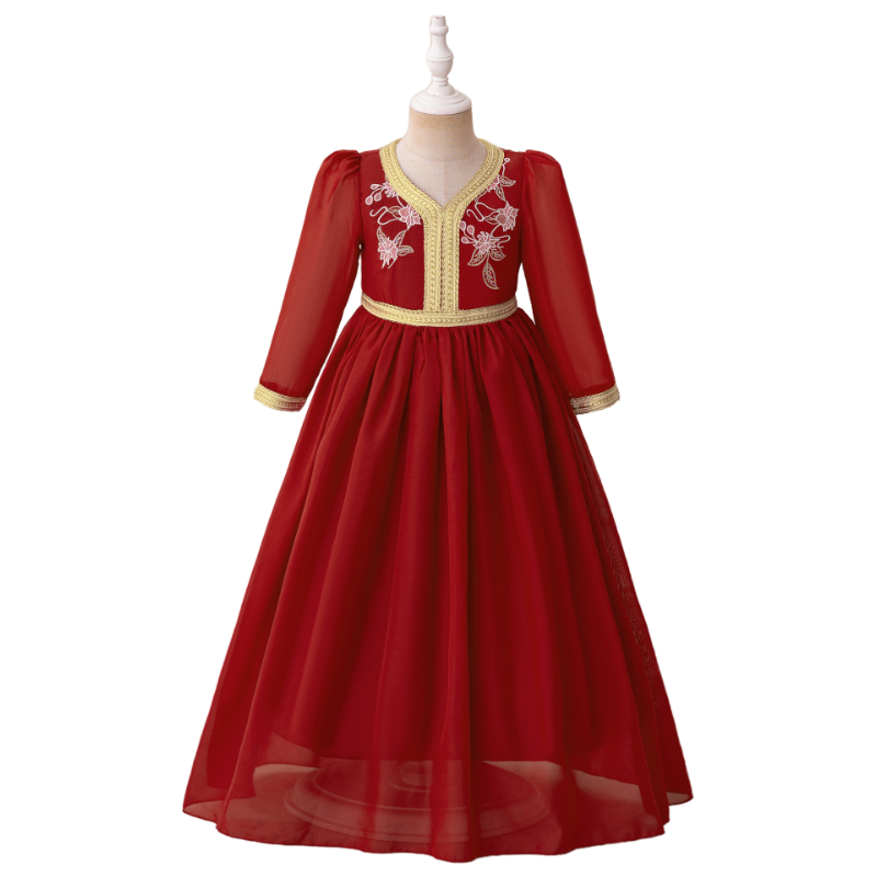 Girls Red Embroidered Tulle Party Dress