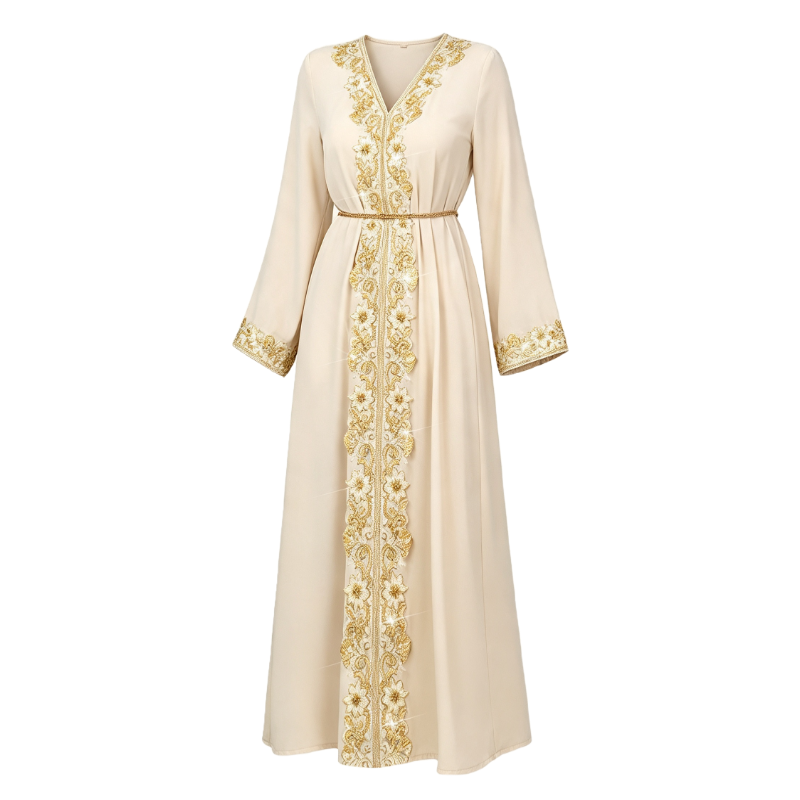 Apricot V Neck Gold Lace Dress