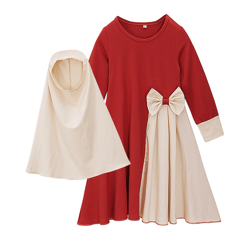 Girls Color Block Long Sleeve Maxi Dress and Hijab Set