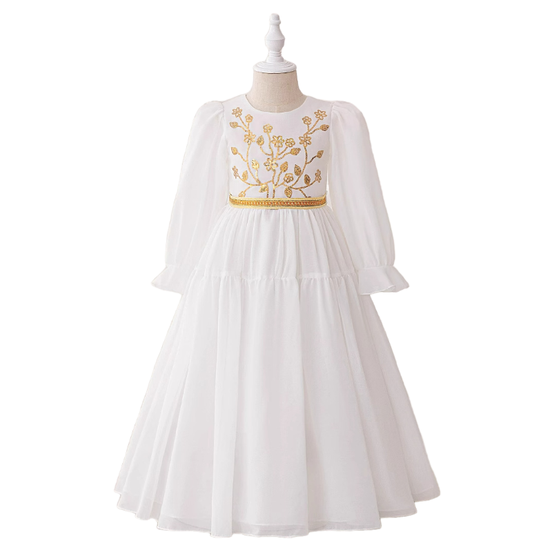 Girls White Embroidered Long Dress with Decorative Trim