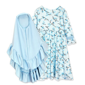 Girls Blue Floral Long Sleeve Dress and Hijab Set