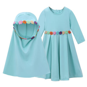Girls Long Sleeve Maxi Dress with Floral Trim and Hijab