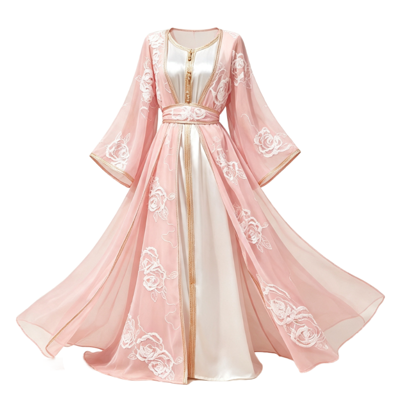 Pink Embroidered Two Piece Abaya